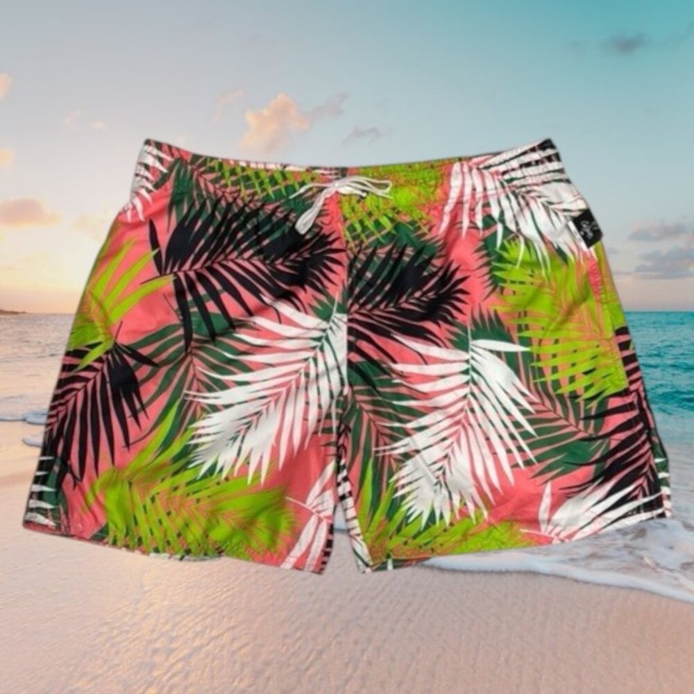 NWT City Streets Palm Leaf Print Bright Multicolor Men's Swim Trunks Shorts XL
